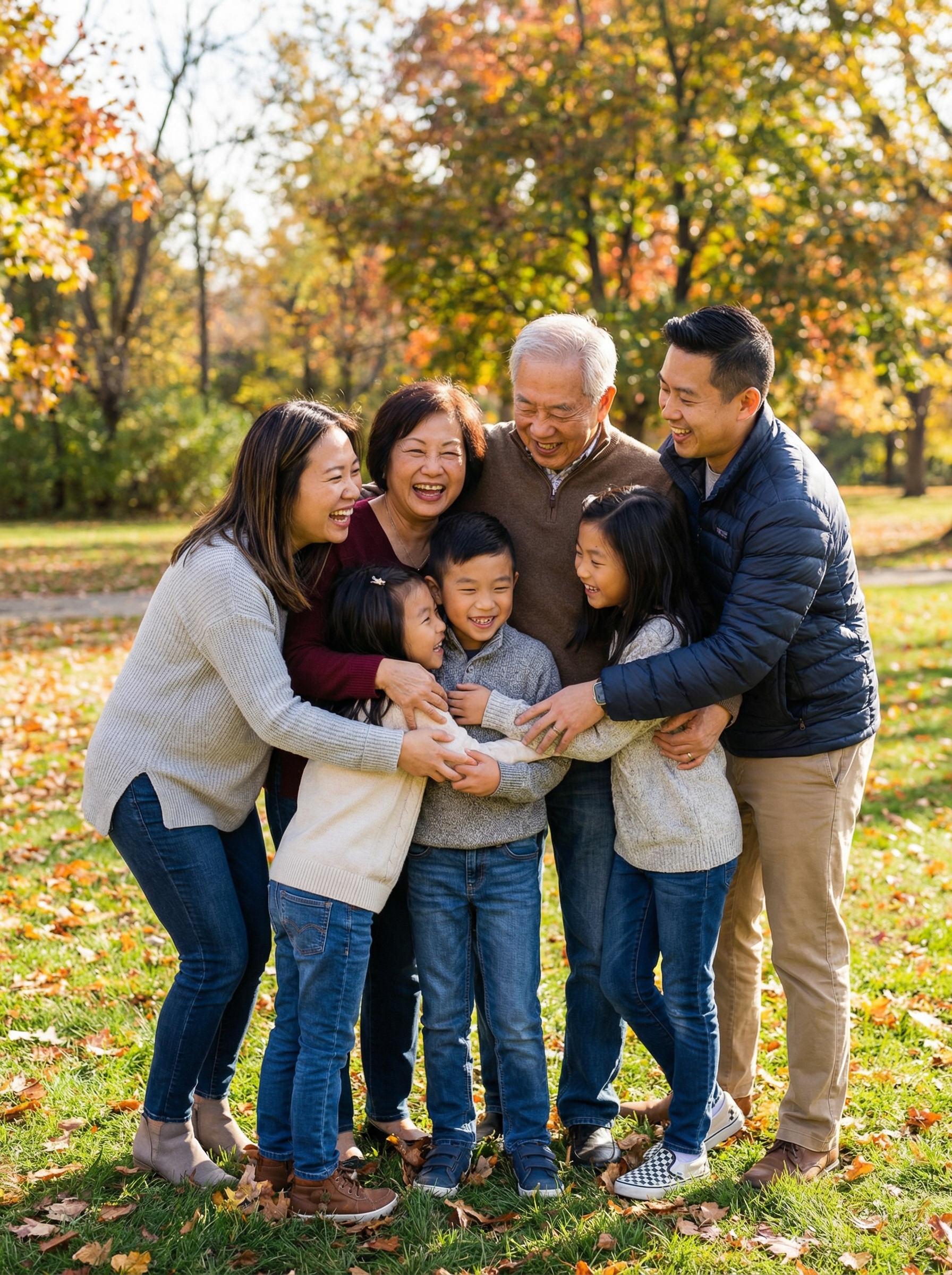 Multi-generational family embracing in autumn park